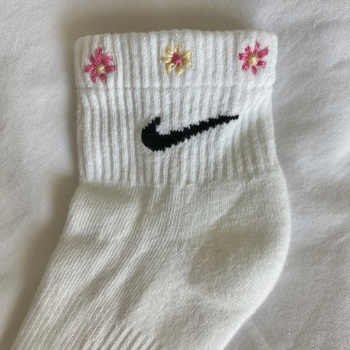 Pink/Yellow Hand Embroidered Nike Socks